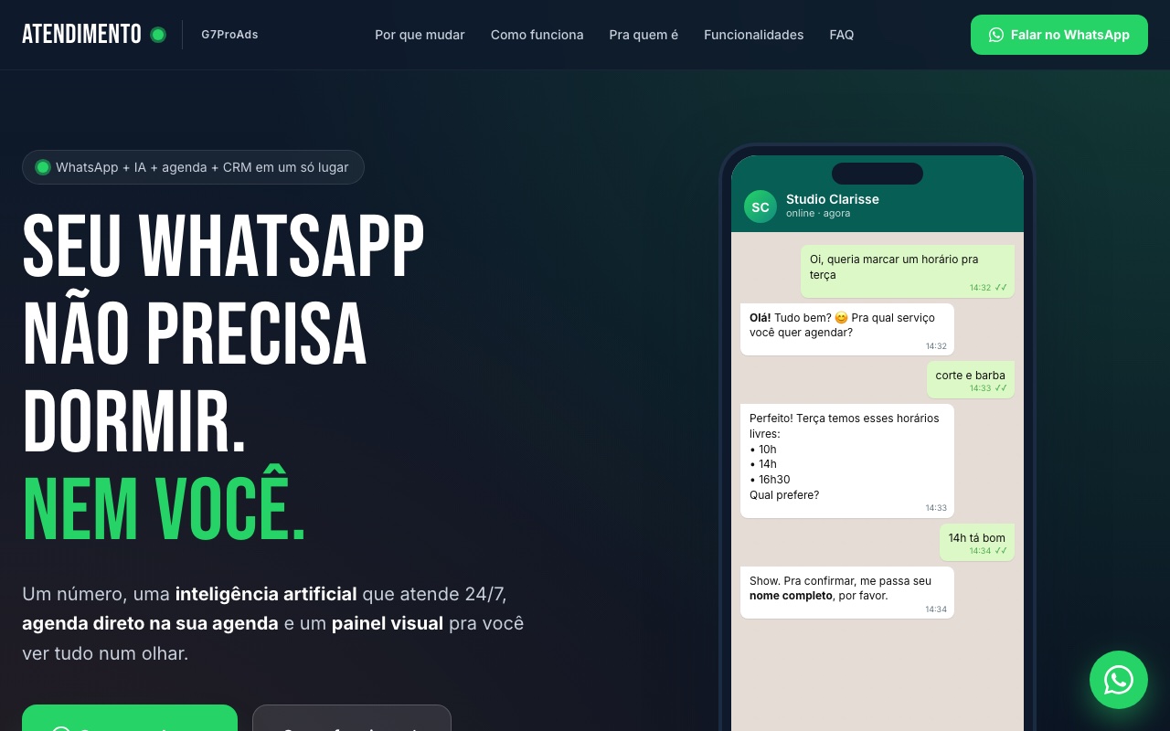 Sistema de atendimento G7ProAds — WhatsApp com inteligência artificial, agenda e CRM em um só painel