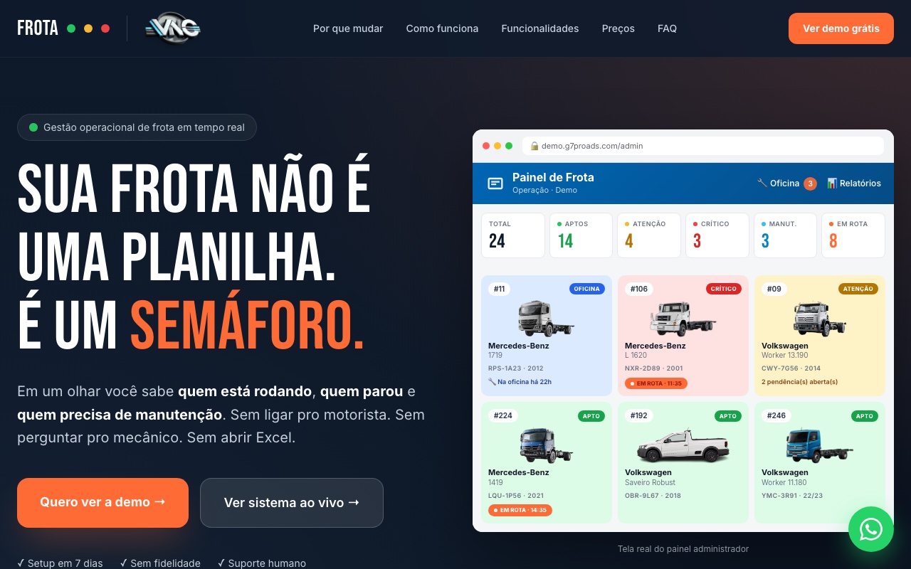 Sistema Gestor de Frota G7ProAds — painel em tempo real com veículos, motoristas e manutenção