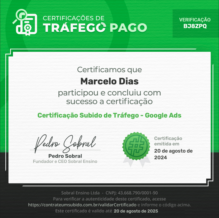 Certificado Comunidade Sobral de Tráfego de Marcelo Dias